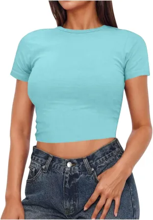 Womens Short Sleeve Crop Tops Basic T Shirts Scoop Neck Slim Fit Going Out Summer Tees Y2k Clothing 2025