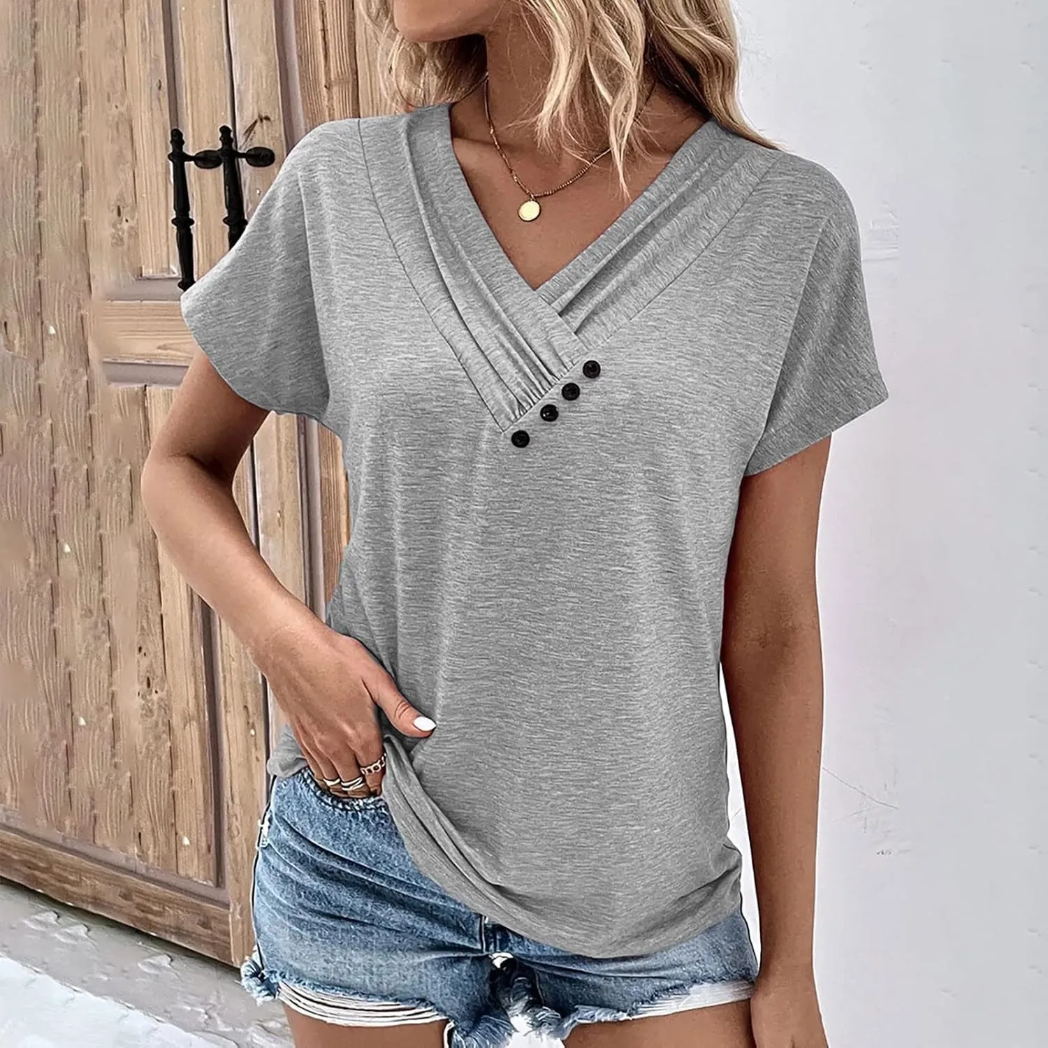 Womens Short Sleeve Dressy Casual Tshirt Loose Button Decor Summer Tunic Blouses