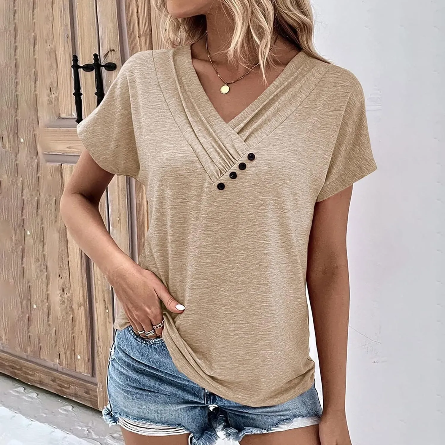 Womens Short Sleeve Dressy Casual Tshirt Loose Button Decor Summer Tunic Blouses