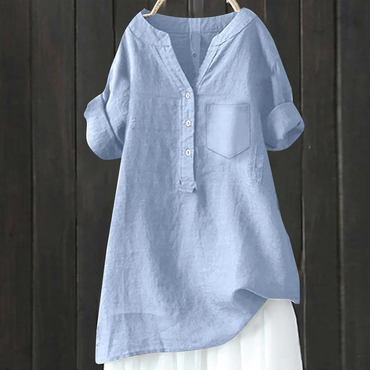 Women's Short Sleeve Linen Shirts Casual V-Neck Plus Size T-Shirts Button Down Loose Summer Tee Shirts