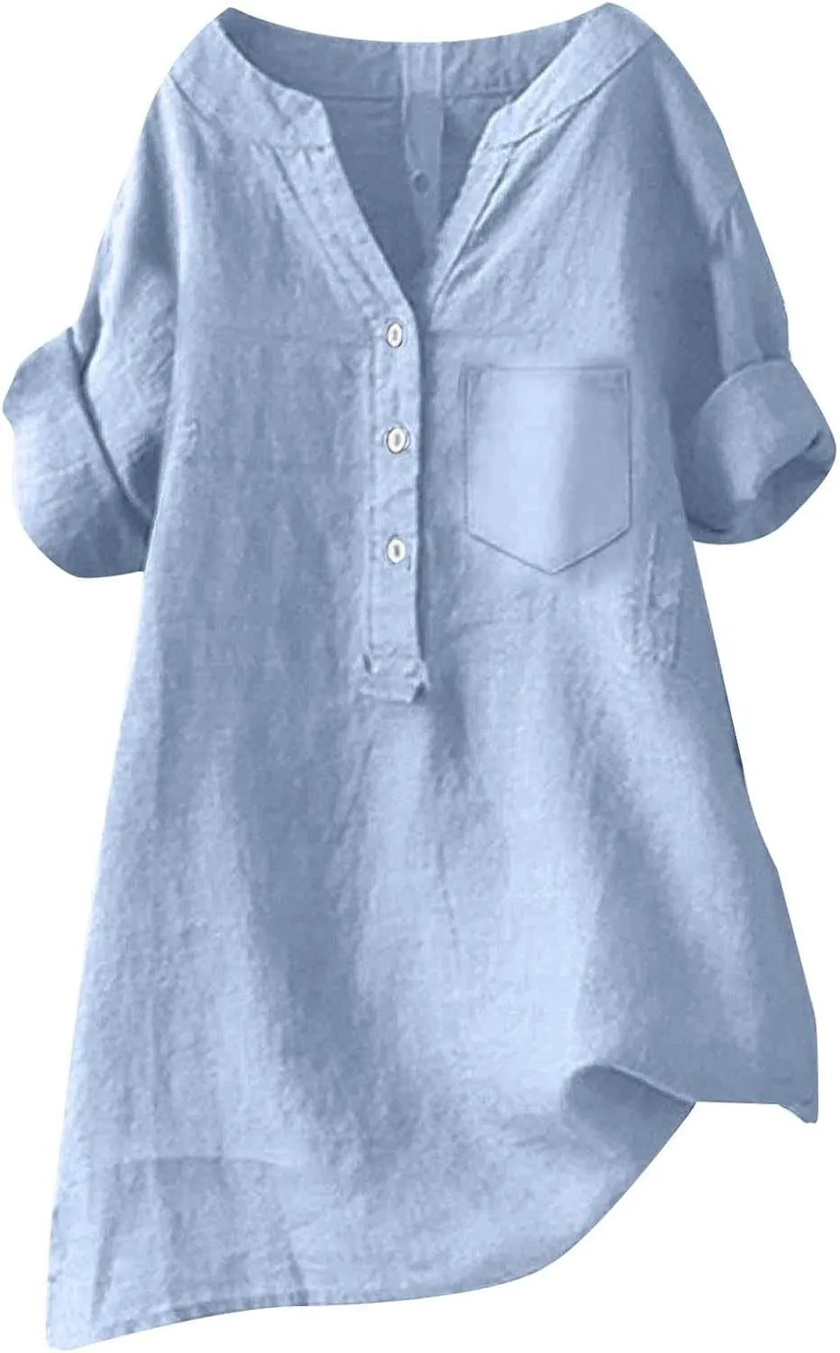 Women's Short Sleeve Linen Shirts Casual V-Neck Plus Size T-Shirts Button Down Loose Summer Tee Shirts