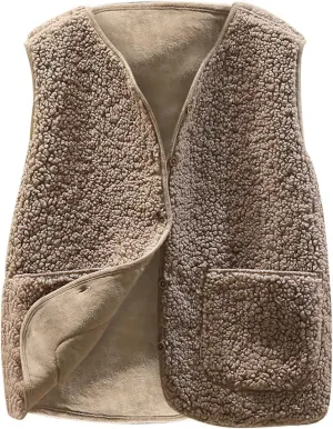 Women's Sleeveless Fleece Sherpa Jacket Lamb Cashmere Vests for Women Cropped Vest Coat Short Winter Button