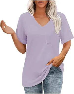Women's Slim Fit V Neck T-Shirts Summer Short Sleeve Solid Tunic Tops Casual Trendy Spring Tees Basic 2025 Shirt