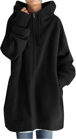 Women's Solid Color Hoodie Zip Up Long Sleeve Hooded Sweatshirts with Pockets Fall Winter Thin Long Coat Tops