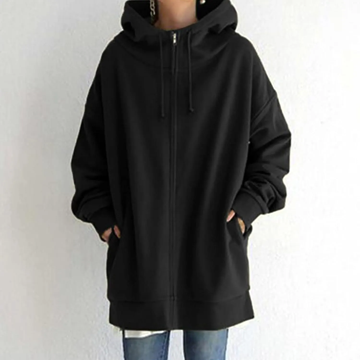 Women's Solid Color Hoodie Zip Up Long Sleeve Hooded Sweatshirts with Pockets Fall Winter Thin Long Coat Tops