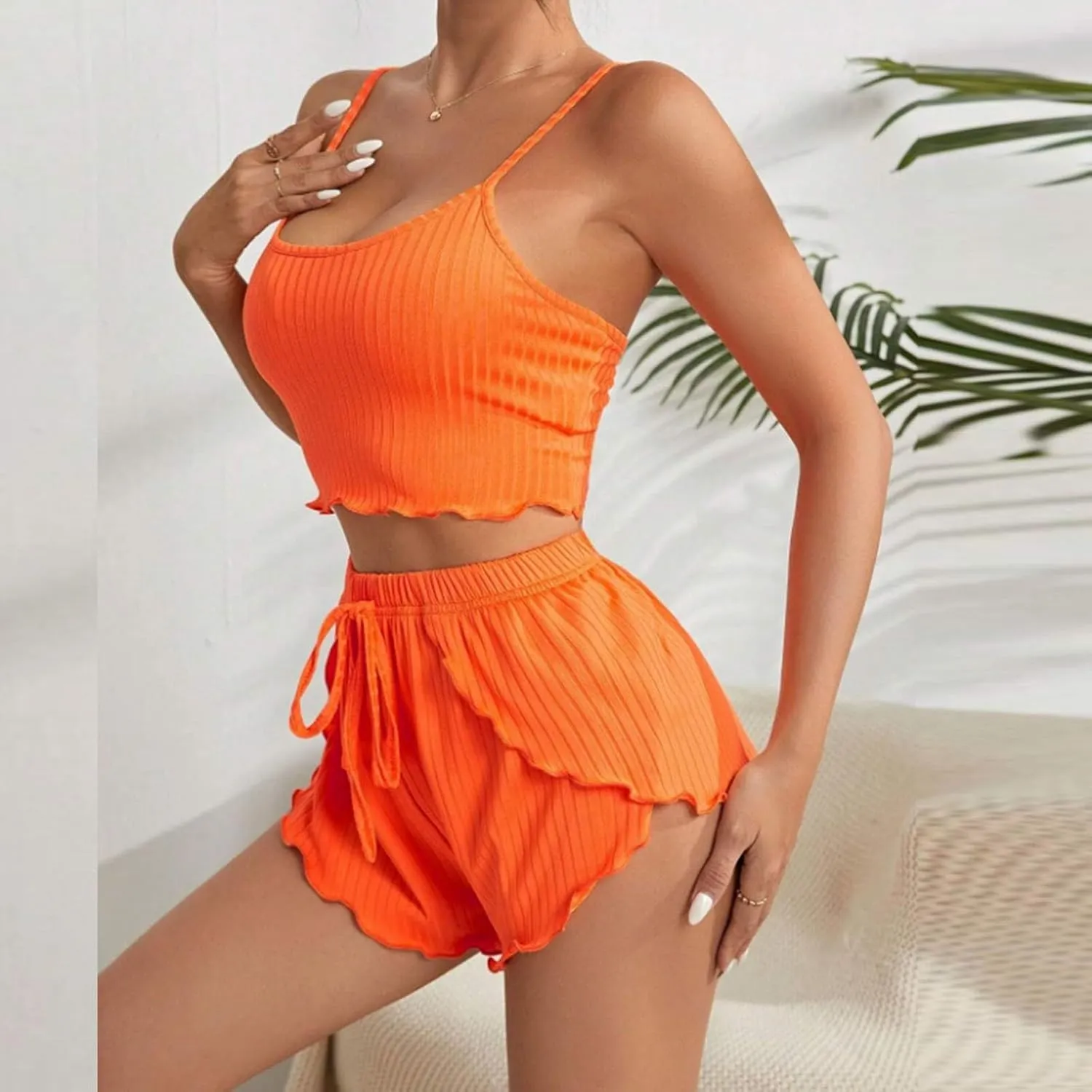 Women's Spaghetti Strap Pajama Set Ribbed Knit Crop Cami Top and Ruffle Trim Shorts PJ Set 2 Piece Lingerie Set