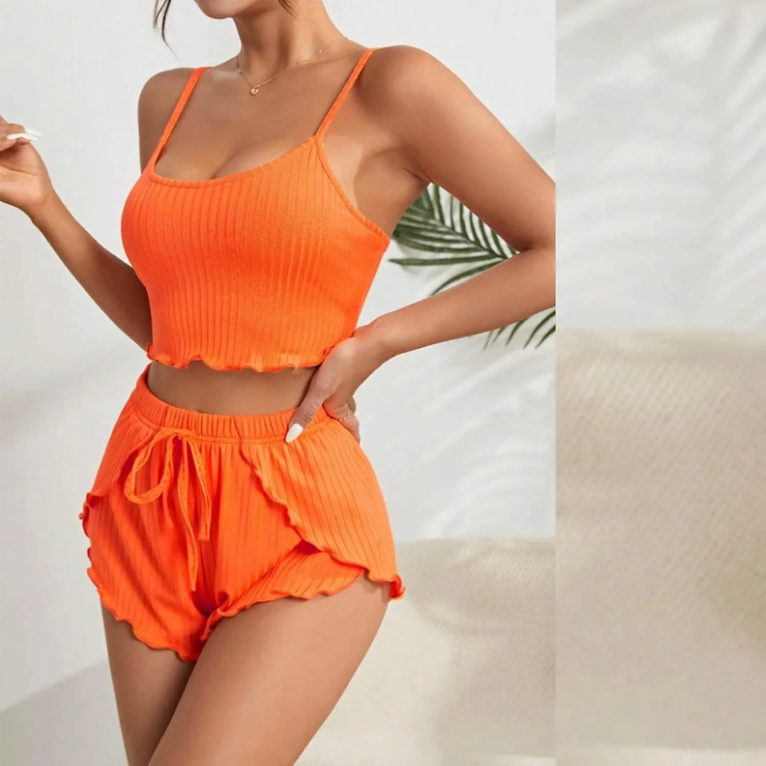 Women's Spaghetti Strap Pajama Set Ribbed Knit Crop Cami Top and Ruffle Trim Shorts PJ Set 2 Piece Lingerie Set