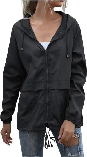 Womens Spring Jacket Waterproof Raincoat Lightweight Rain Jacket Hooded Windbreaker Outerwear with Pockets