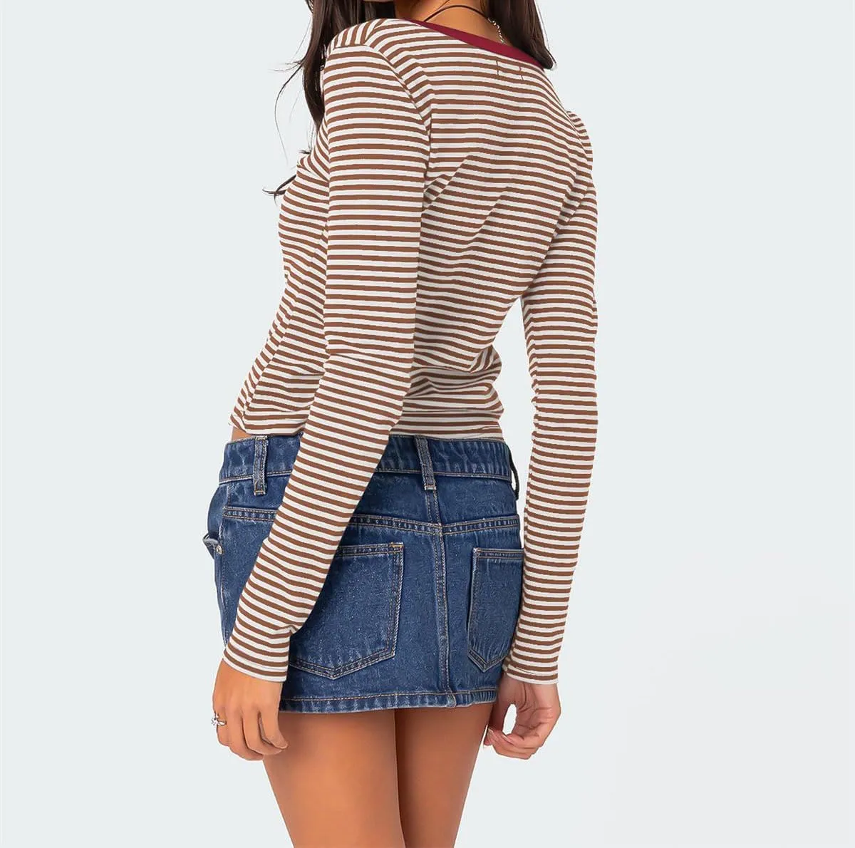 Women's Stripe Long Sleeve Slim Fit Shirt Multi Striped V Neck Button Front Tee Tops Contrast Color Y2K Style Tops