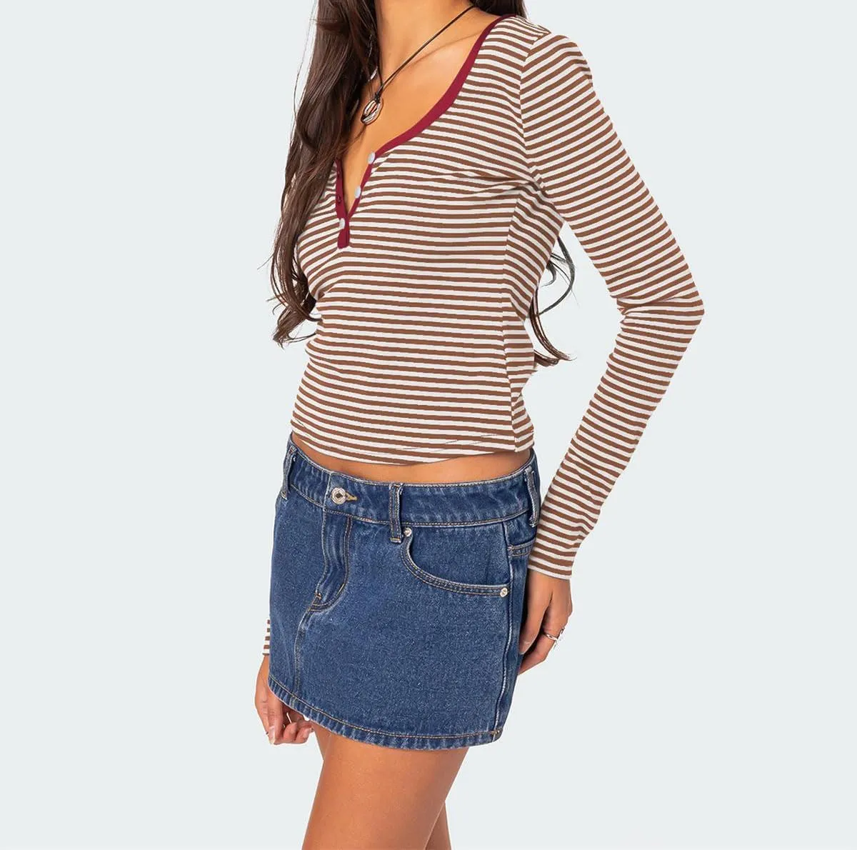 Women's Stripe Long Sleeve Slim Fit Shirt Multi Striped V Neck Button Front Tee Tops Contrast Color Y2K Style Tops