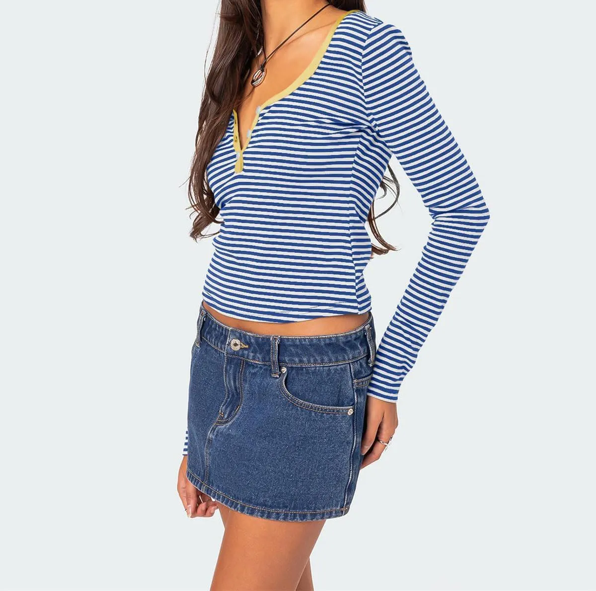 Women's Stripe Long Sleeve Slim Fit T-Shirt Casual Multi Striped V Neck Button Front Tee Tops Contrast Color Y2K Style Tops