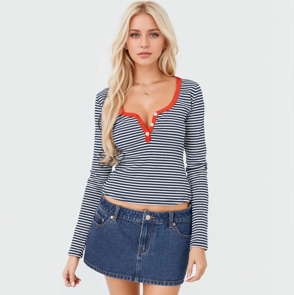 Women's Stripe Long Sleeve Slim Fit T-Shirt Casual Multi Striped V Neck Button Front Tee Tops Contrast Color Y2K Style Tops