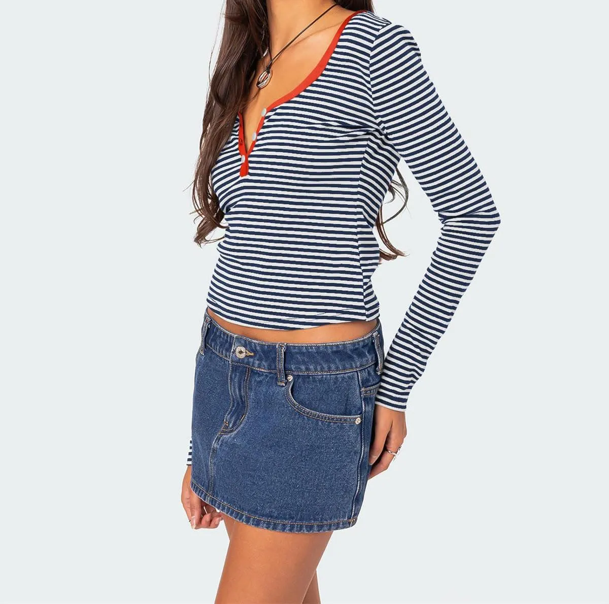 Women's Stripe Long Sleeve Slim Fit T-Shirt Casual Multi Striped V Neck Button Front Tee Tops Contrast Color Y2K Style Tops