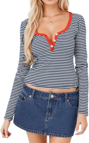 Women's Stripe Long Sleeve Slim Fit T-Shirt Casual Multi Striped V Neck Button Front Tee Tops Contrast Color Y2K Style Tops