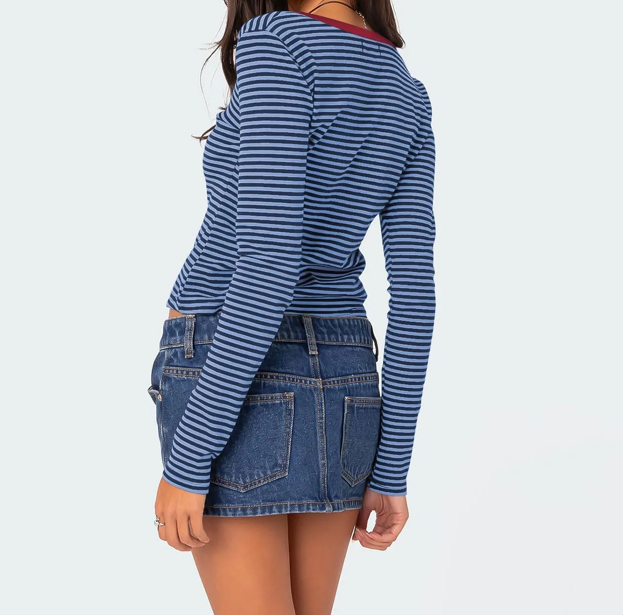 Women's Stripe Long Sleeve Slim Fit T-Shirt Casual Multi Striped V Neck Button Front Tee Tops Contrast Color Y2K Style Tops