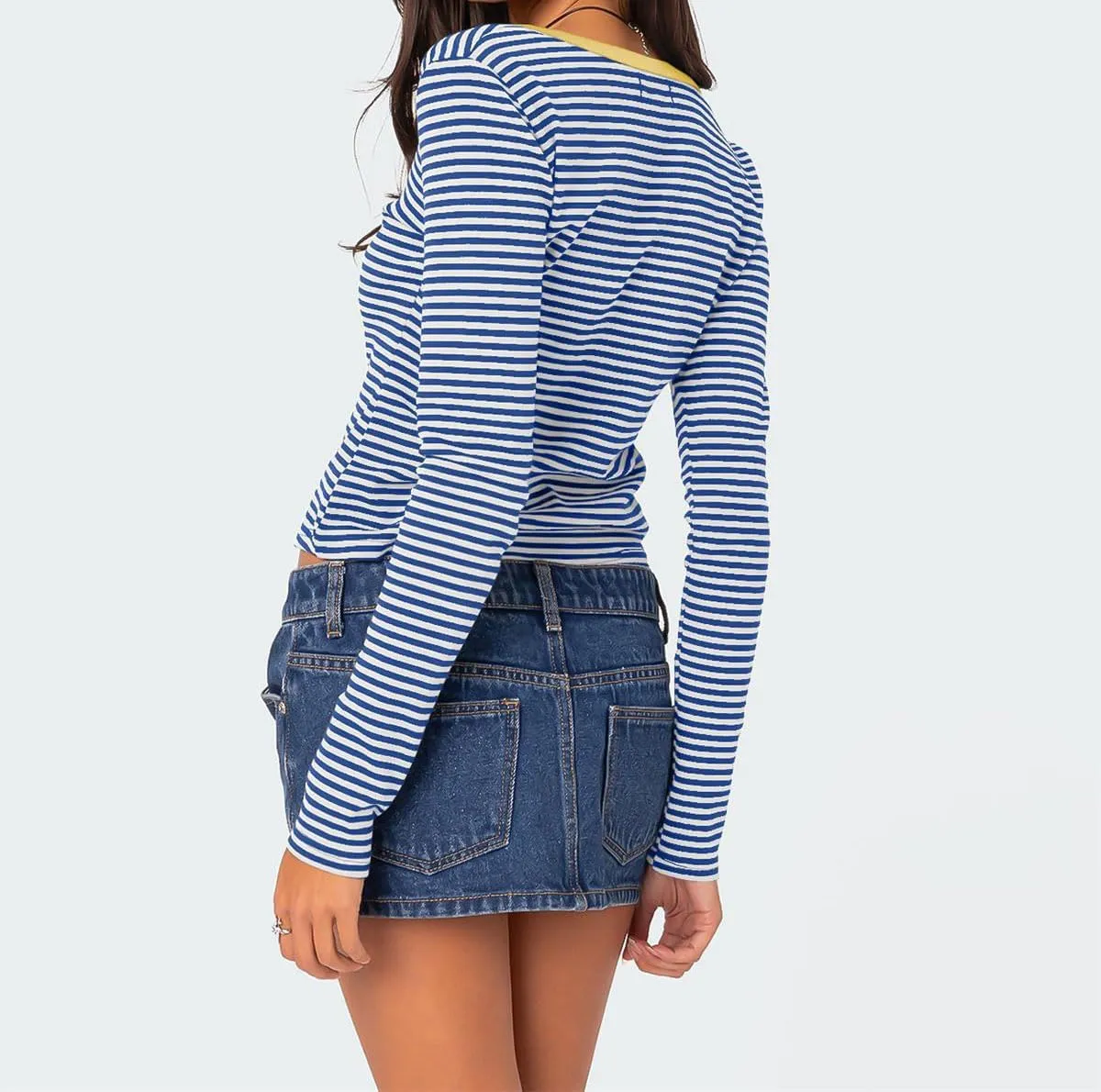 Women's Stripe Long Sleeve Slim Fit T-Shirt Casual Multi Striped V Neck Button Front Tee Tops Contrast Color Y2K Style Tops
