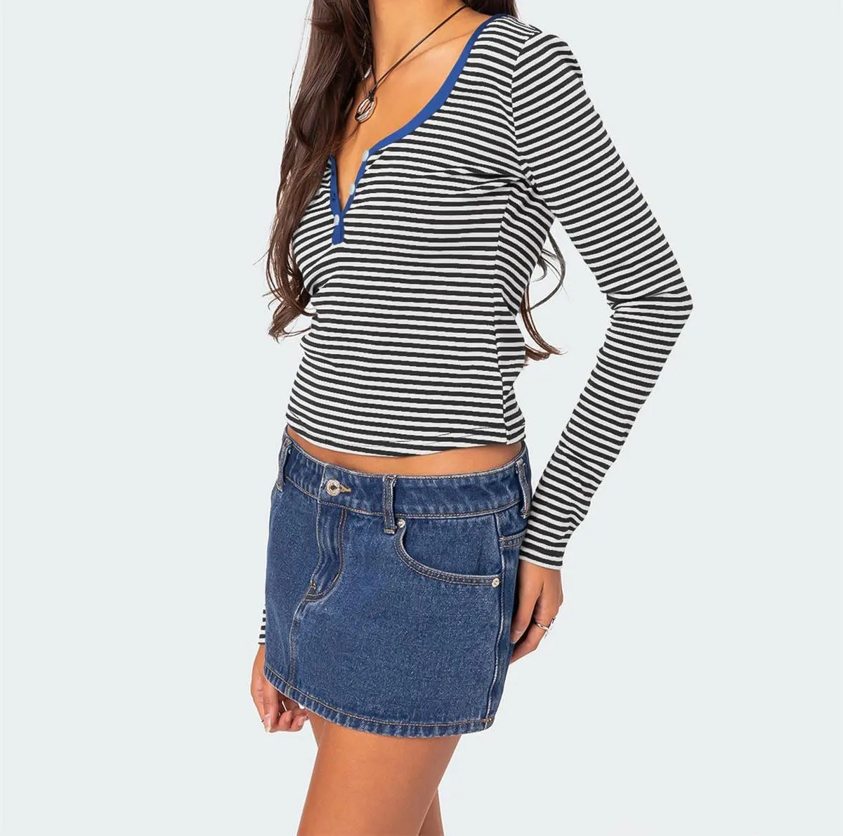 Women's Stripe Long Sleeve Slim Fit T-Shirt Casual Multi Striped V Neck Button Front Tee Tops Contrast Color Y2K Style Tops