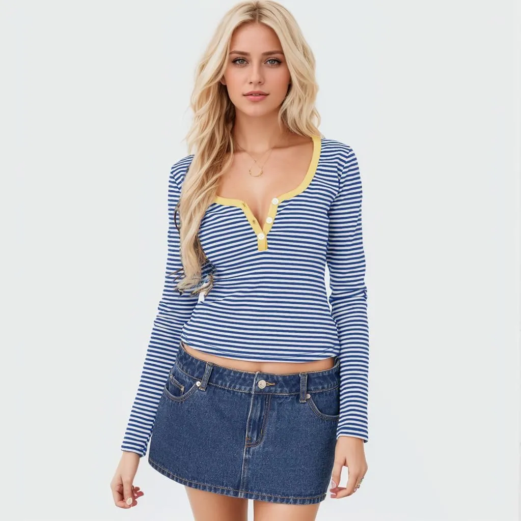 Women's Stripe Long Sleeve Slim Fit T-Shirt Casual Multi Striped V Neck Button Front Tee Tops Contrast Color Y2K Style Tops