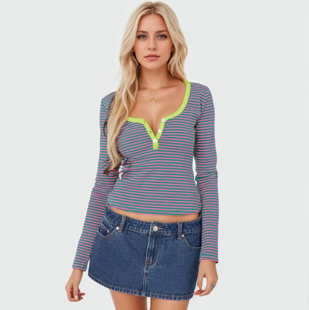 Women's Stripe Long Sleeve Slim Fit T-Shirt Casual Multi Striped V Neck Button Front Tee Tops Contrast Color Y2K Style Tops