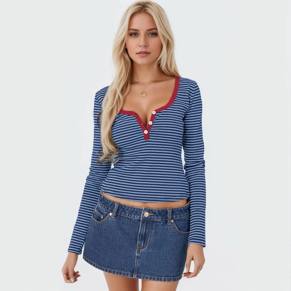Women's Stripe Long Sleeve Slim Fit T-Shirt Casual Multi Striped V Neck Button Front Tee Tops Contrast Color Y2K Style Tops