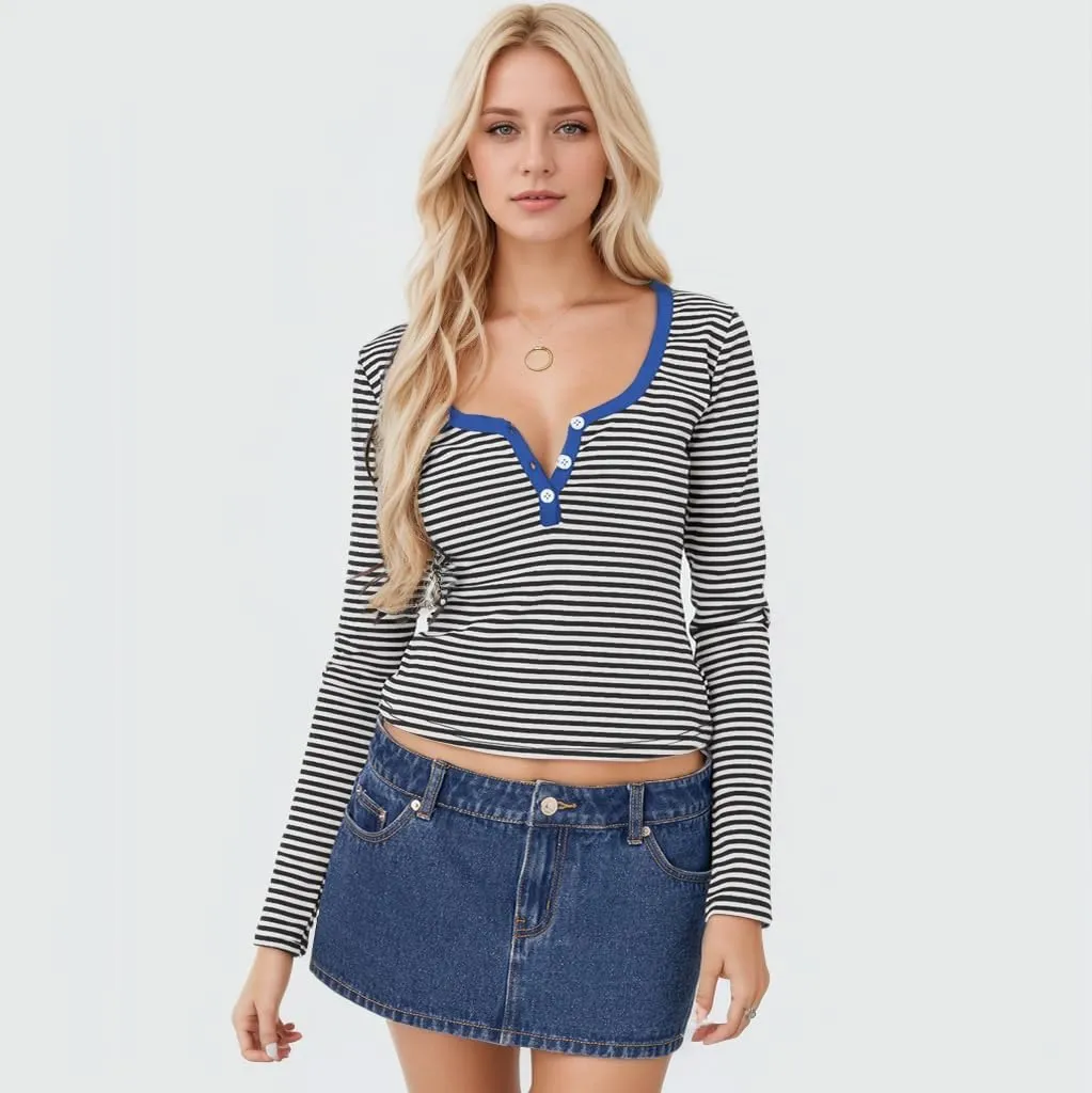 Women's Stripe Long Sleeve Slim Fit T-Shirt Casual Multi Striped V Neck Button Front Tee Tops Contrast Color Y2K Style Tops