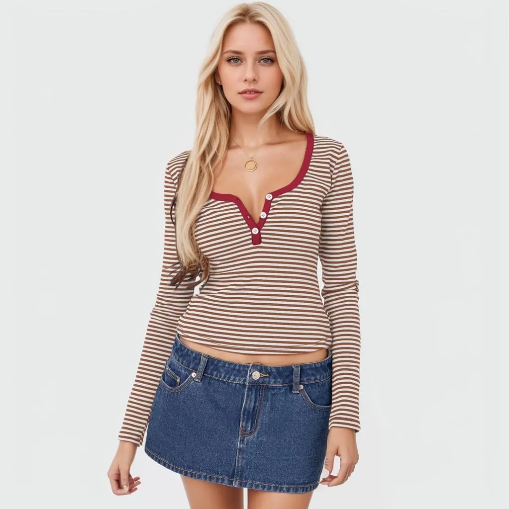 Women's Stripe Long Sleeve Slim Fit T-Shirt Casual Multi Striped V Neck Button Front Tee Tops Contrast Color Y2K Style Tops