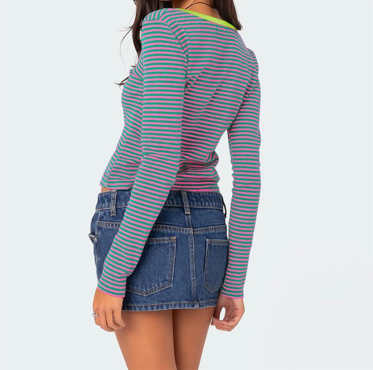 Women's Stripe Long Sleeve Slim Fit T-Shirt Casual Multi Striped V Neck Button Front Tee Tops Contrast Color Y2K Style Tops
