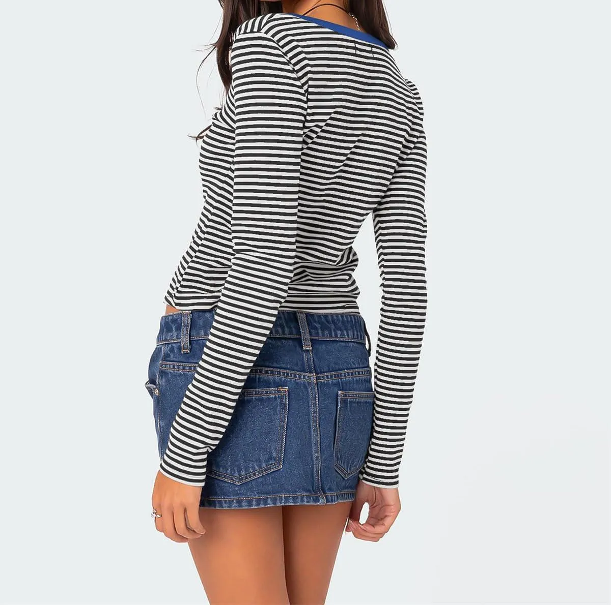 Women's Stripe Long Sleeve Slim Fit T-Shirt Casual Multi Striped V Neck Button Front Tee Tops Contrast Color Y2K Style Tops