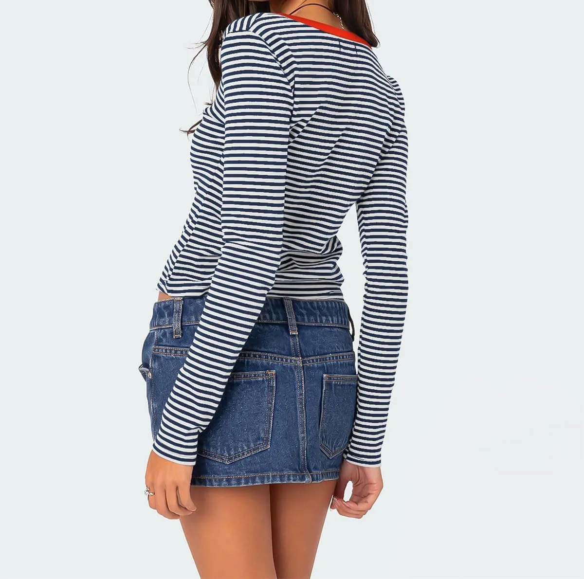 Women's Stripe Long Sleeve Slim Fit T-Shirt Casual Multi Striped V Neck Button Front Tee Tops Contrast Color Y2K Style Tops
