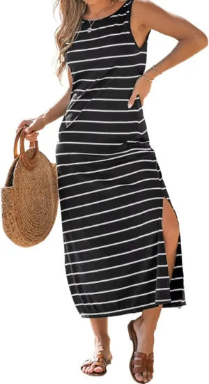 Women's Summer Casual Knit Ruched Midi Dress Crew Neck Short Sleeve High Slit Bodycon Dress