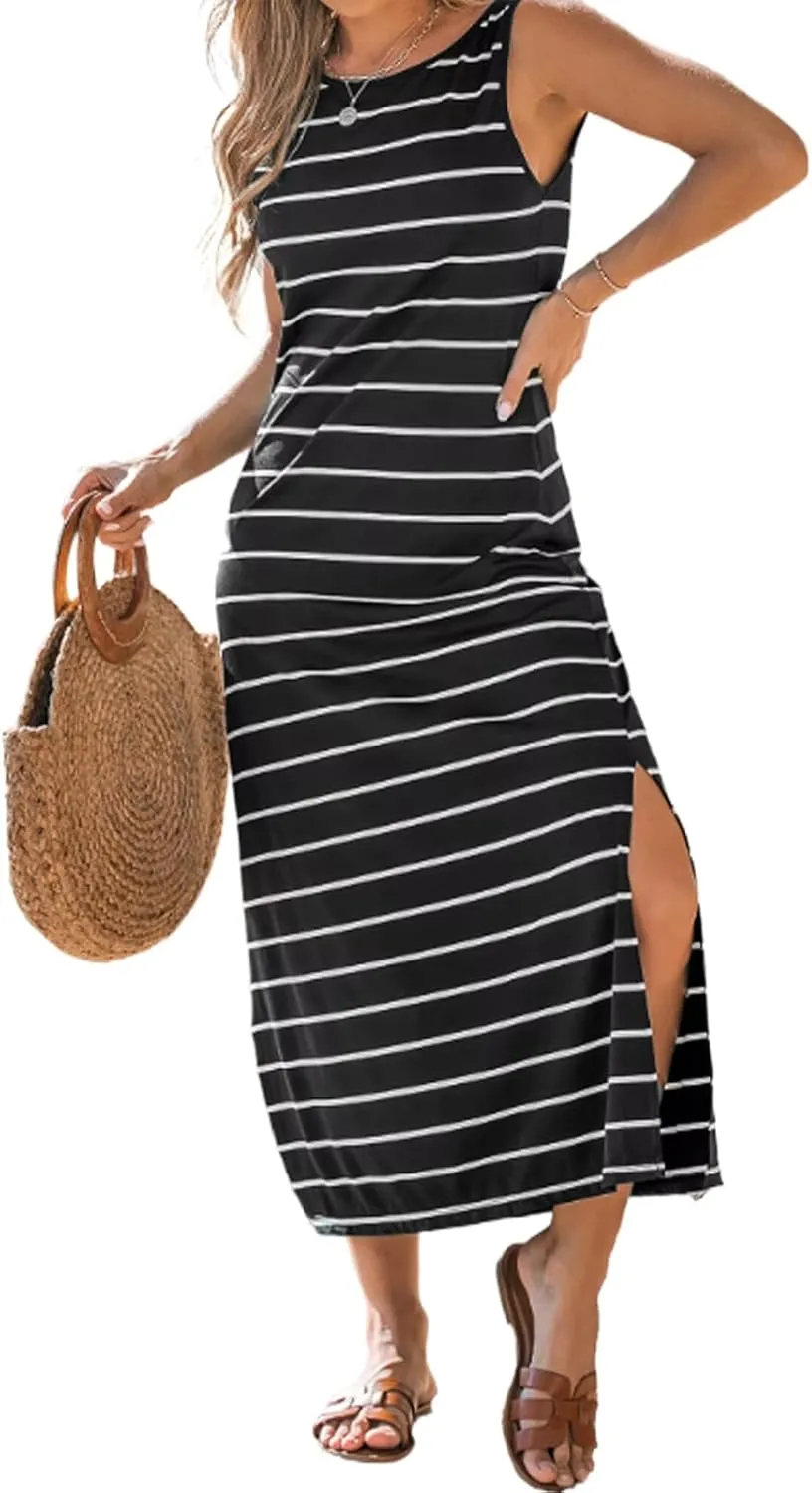 Women's Summer Casual Knit Ruched Midi Dress Crew Neck Short Sleeve High Slit Bodycon Dress