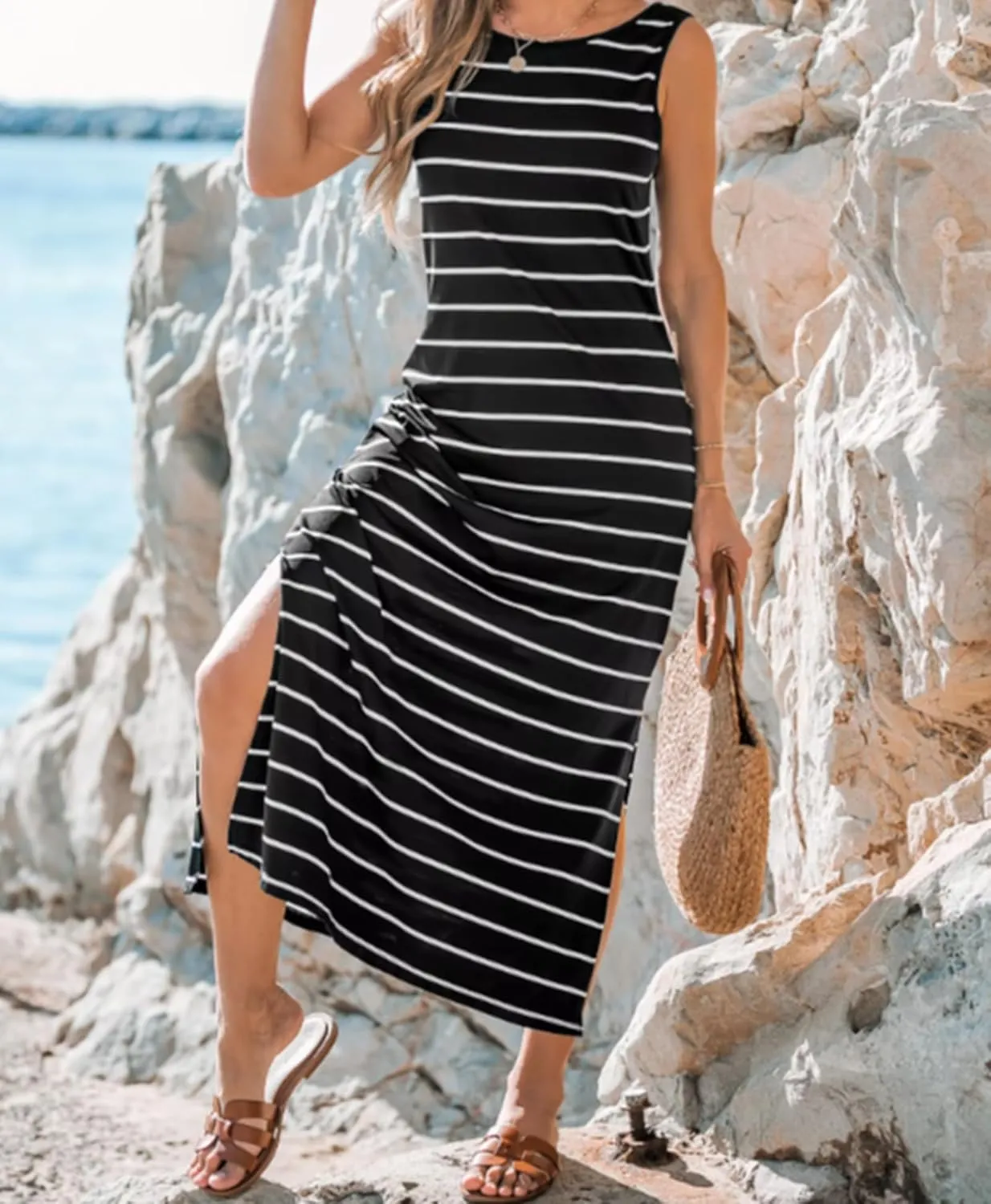 Women's Summer Casual Knit Ruched Midi Dress Crew Neck Short Sleeve High Slit Bodycon Dress