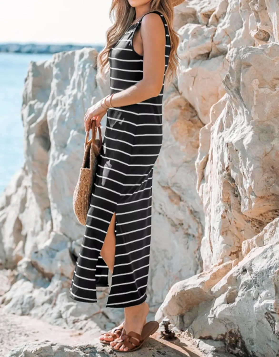 Women's Summer Casual Knit Ruched Midi Dress Crew Neck Short Sleeve High Slit Bodycon Dress