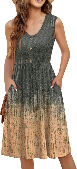 Womens Summer Dresses 2025 Sleeveless Trendy Boho Tank Dress Midi Floral Beach Vacation Sundresses with Pockets