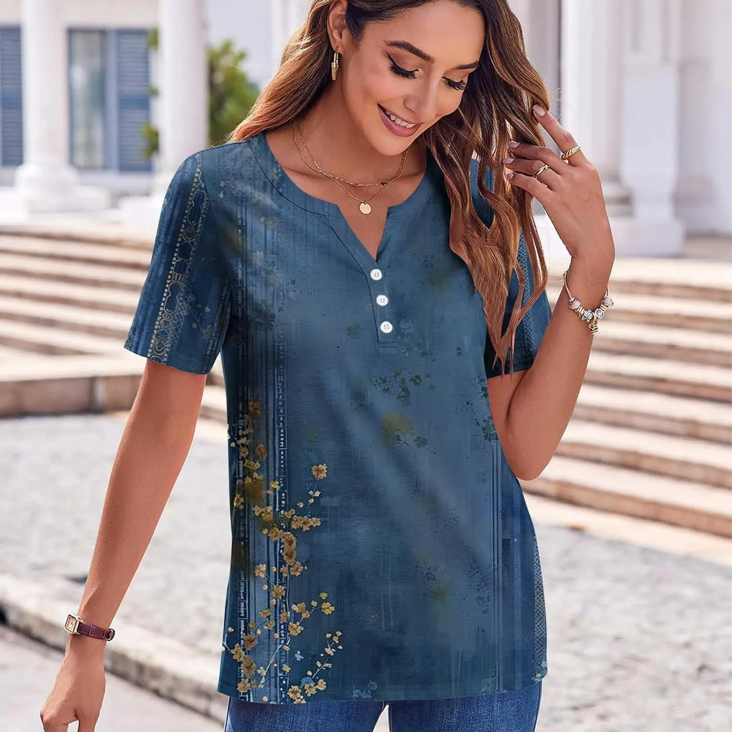 Womens Summer Tops Short Sleeve V Neck Henley Tops Floral Shirts Elegant Dressy Blouse Tunic Causal Loose Fit Tees