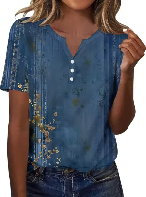 Womens Summer Tops Short Sleeve V Neck Henley Tops Floral Shirts Elegant Dressy Blouse Tunic Causal Loose Fit Tees