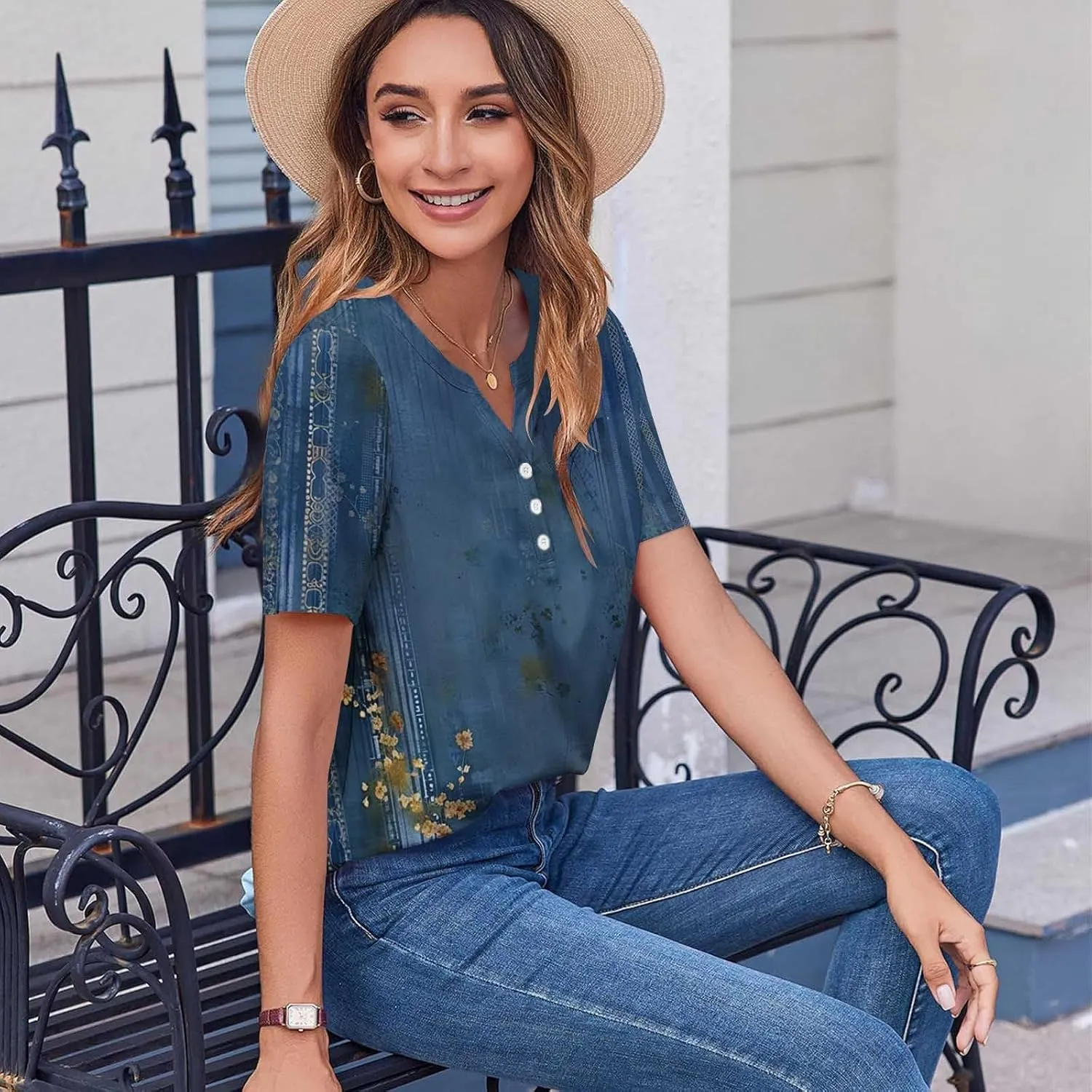 Womens Summer Tops Short Sleeve V Neck Henley Tops Floral Shirts Elegant Dressy Blouse Tunic Causal Loose Fit Tees