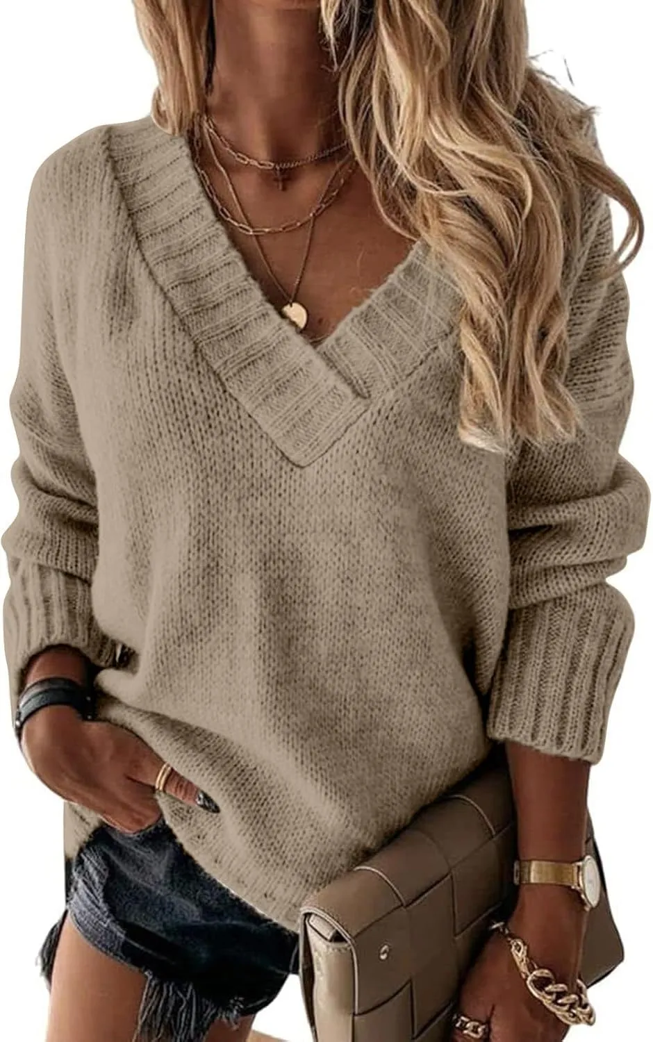 Womens Sweaters V Neck Fall Outfits 2024 Pullover Tops Winter Clothes Lightweight Long Sleeve Tops Casual Knit Shirts