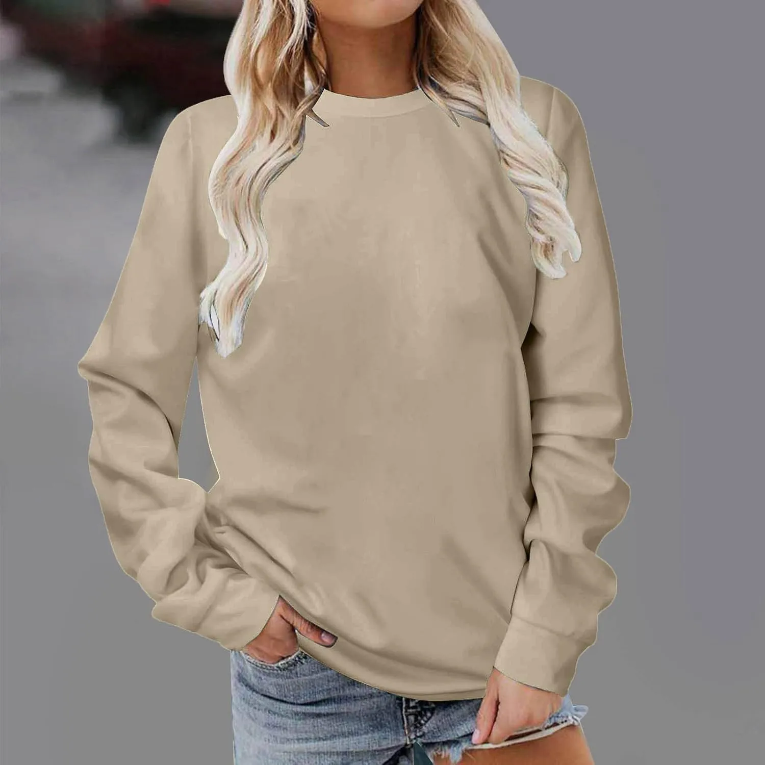 Womens Sweatshirts Solid Color Casual Long Sleeve Crew Neck Pullovers Sweatshirt Trendy Lightweight Soft Shirt Tops