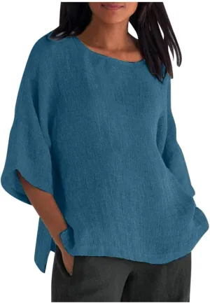 Womens T Shirts Cotton Loose Fit 3/4 Sleeve Crewneck Cotton Linen Top Blouse Casual Dressy Summer Loose Pullover 2024