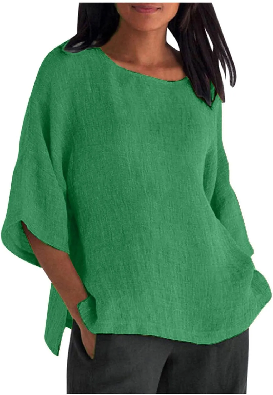 Womens T Shirts Cotton Loose Fit 3/4 Sleeve Crewneck Cotton Linen Top Blouse Casual Dressy Summer Loose Pullover 2024