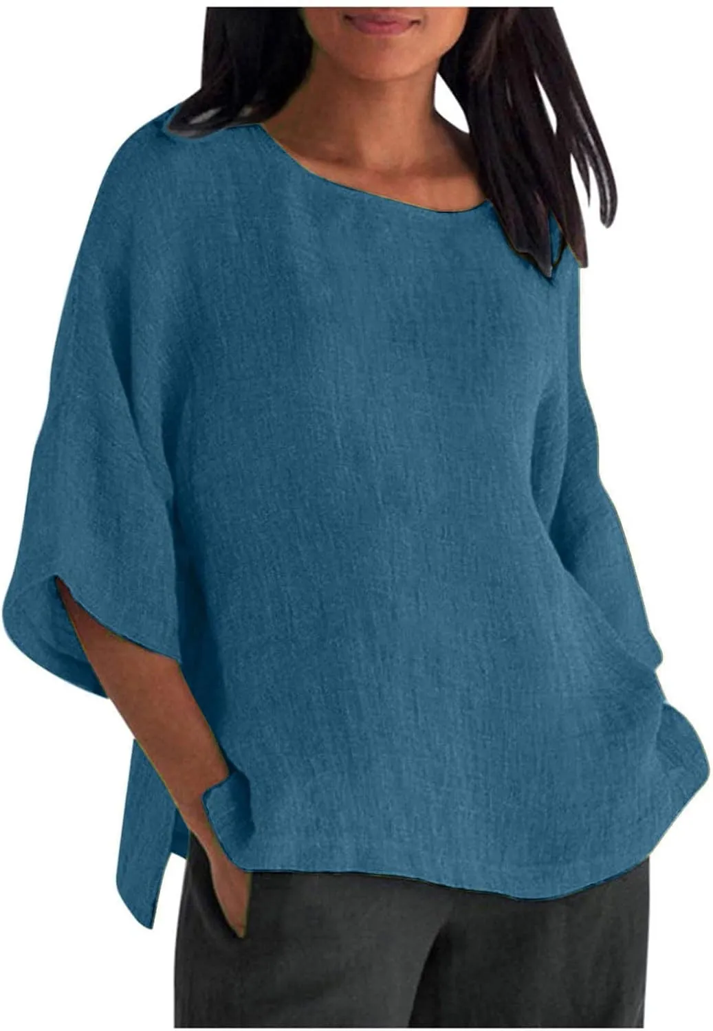 Womens T Shirts Cotton Loose Fit 3/4 Sleeve Crewneck Cotton Linen Top Blouse Casual Dressy Summer Loose Pullover 2024