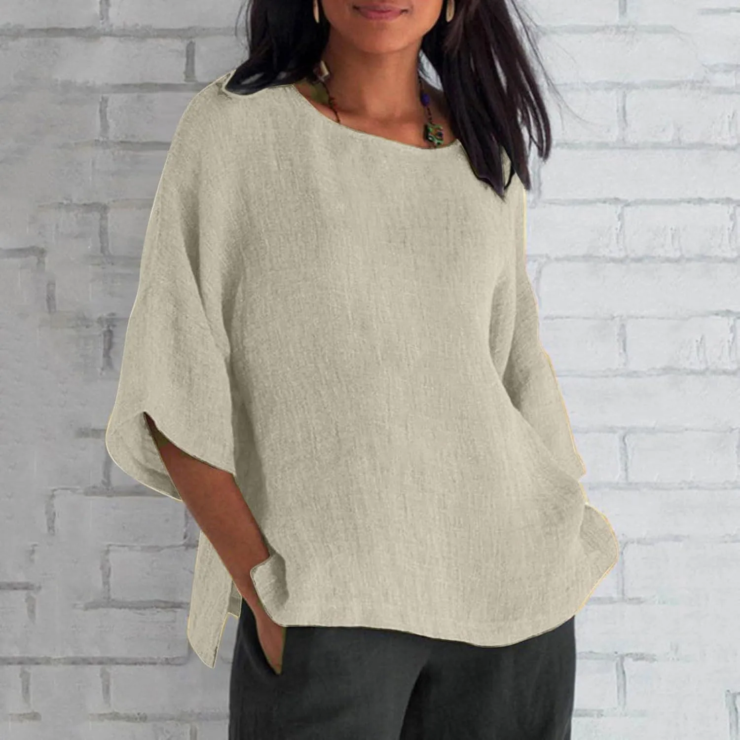 Womens T Shirts Cotton Loose Fit 3/4 Sleeve Crewneck Cotton Linen Top Blouse Casual Dressy Summer Loose Pullover 2024
