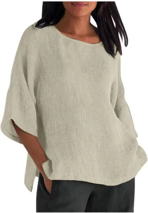 Womens T Shirts Cotton Loose Fit 3/4 Sleeve Crewneck Cotton Linen Top Blouse Casual Dressy Summer Loose Pullover 2024