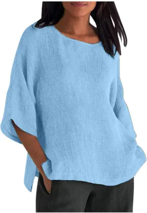 Womens T Shirts Cotton Loose Fit 3/4 Sleeve Crewneck Cotton Linen Top Blouse Casual Dressy Summer Loose Pullover 2024