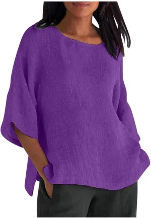 Womens T Shirts Cotton Loose Fit 3/4 Sleeve Crewneck Cotton Linen Top Blouse Casual Dressy Summer Loose Pullover 2024