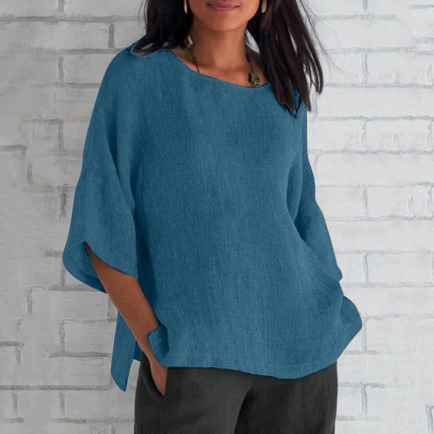 Womens T Shirts Cotton Loose Fit 3/4 Sleeve Crewneck Cotton Linen Top Blouse Casual Dressy Summer Loose Pullover 2024