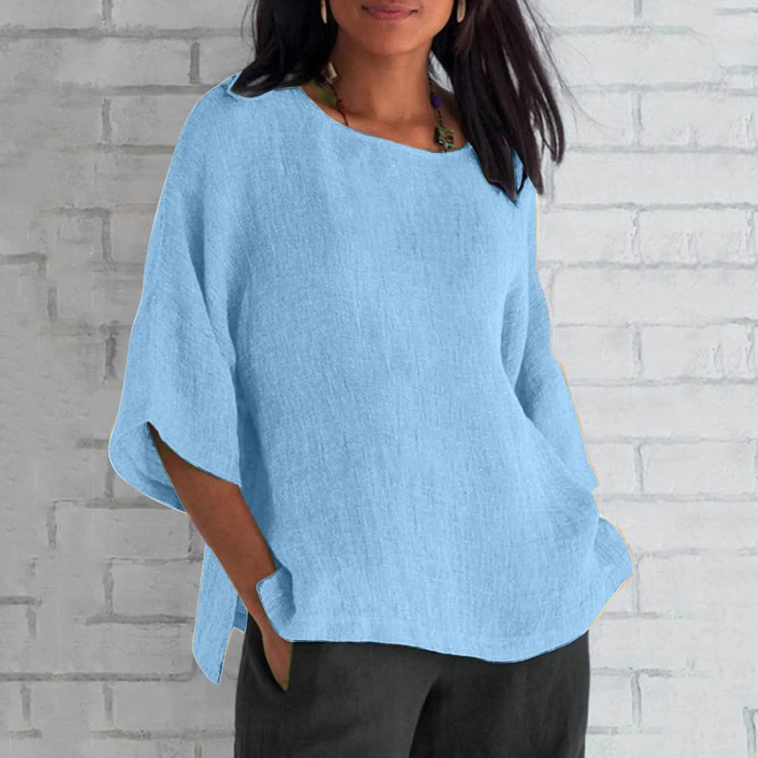 Womens T Shirts Cotton Loose Fit 3/4 Sleeve Crewneck Cotton Linen Top Blouse Casual Dressy Summer Loose Pullover 2024