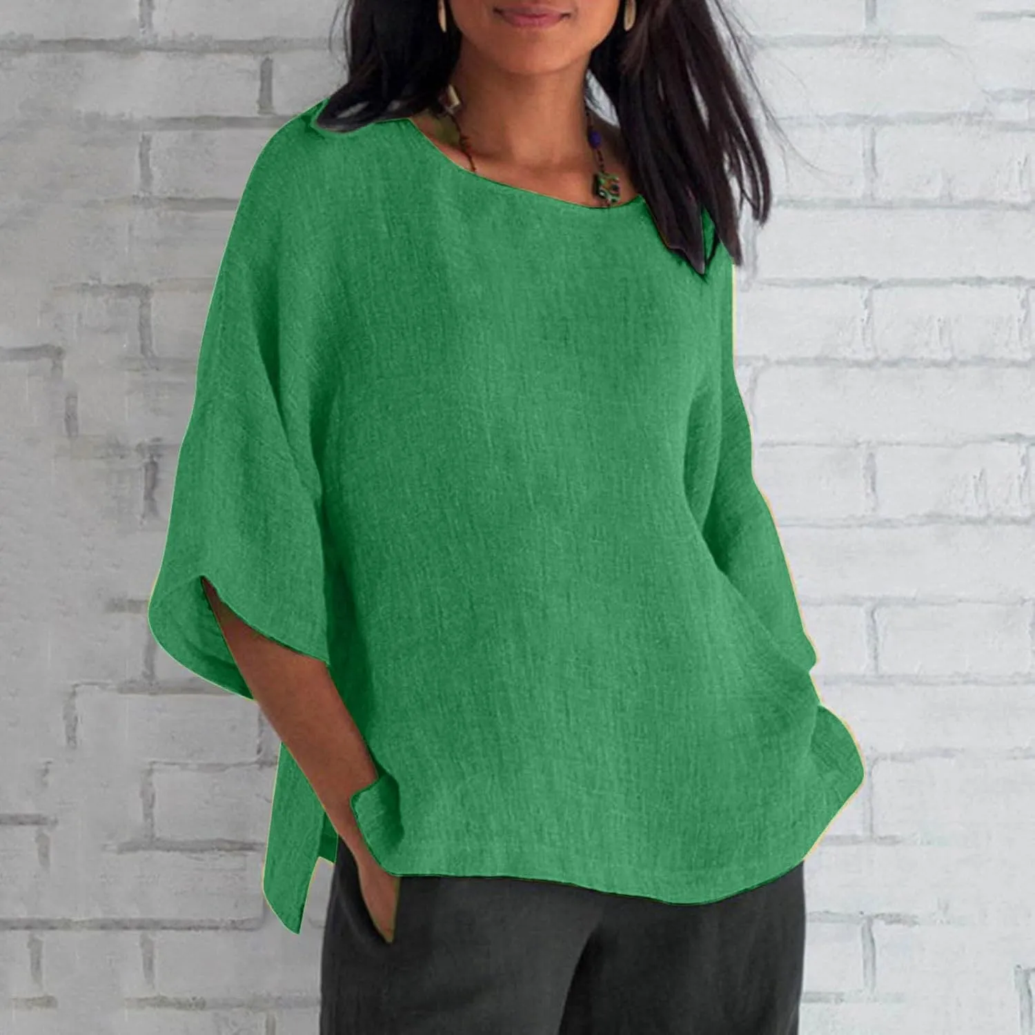 Womens T Shirts Cotton Loose Fit 3/4 Sleeve Crewneck Cotton Linen Top Blouse Casual Dressy Summer Loose Pullover 2024