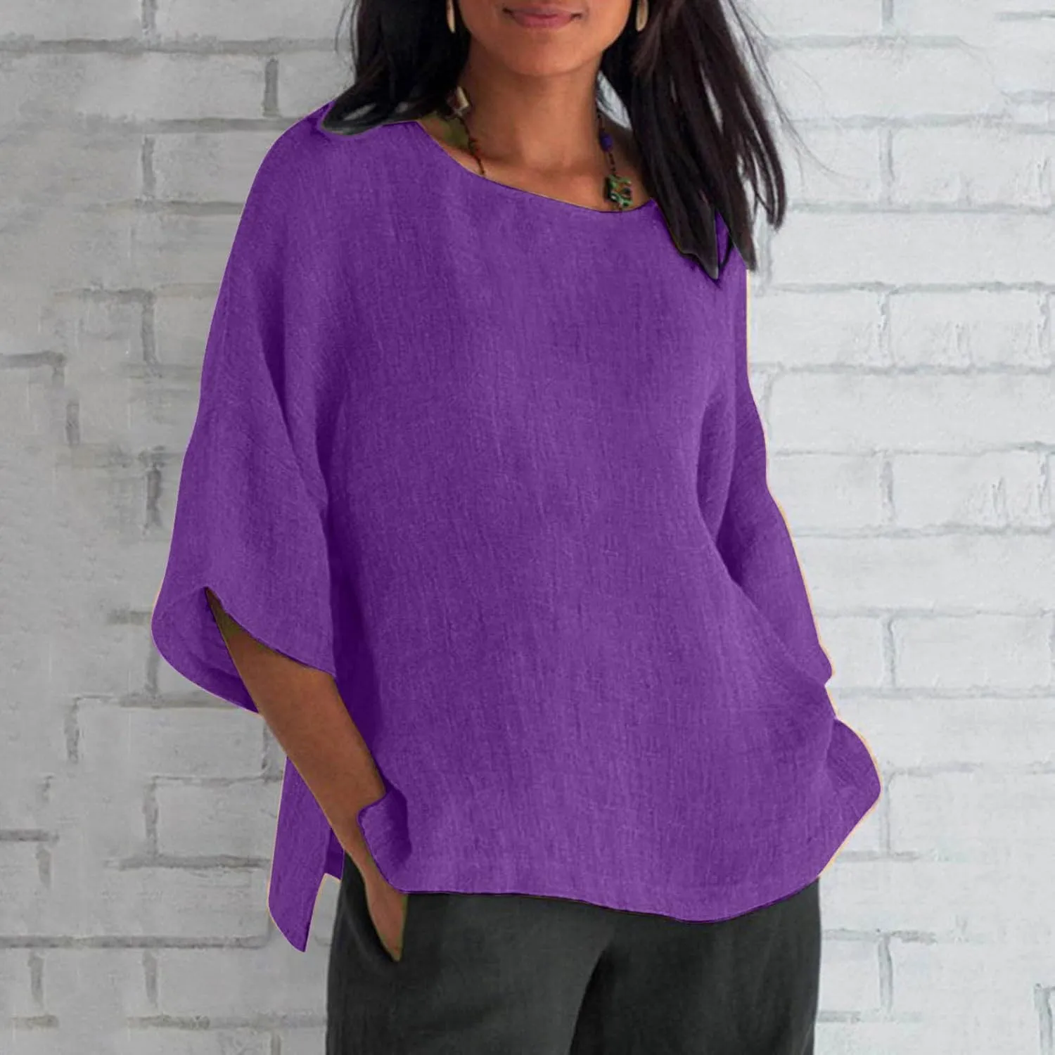 Womens T Shirts Cotton Loose Fit 3/4 Sleeve Crewneck Cotton Linen Top Blouse Casual Dressy Summer Loose Pullover 2024